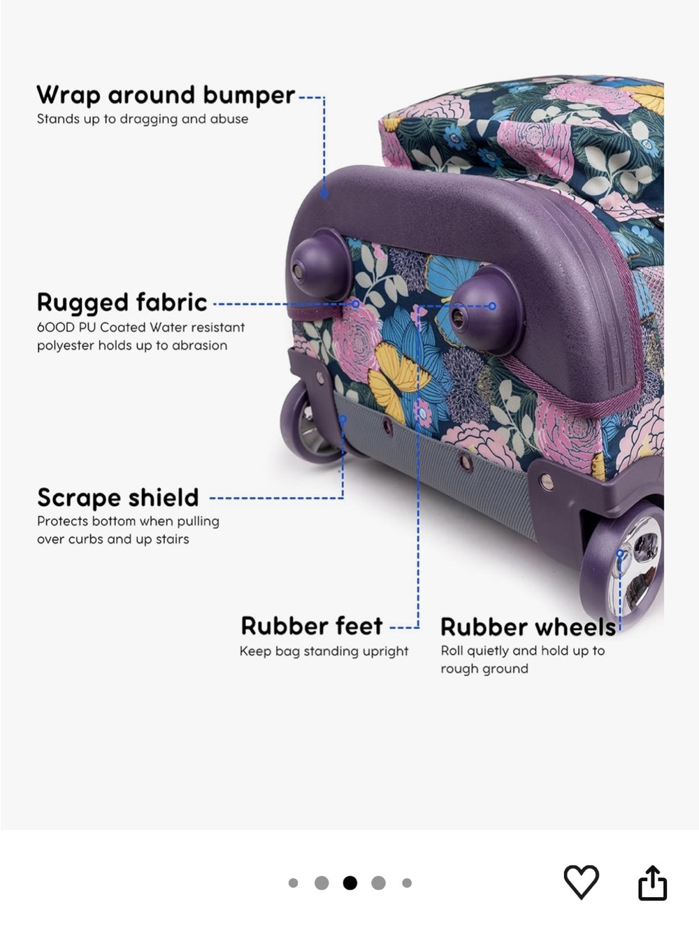 Rolling Backpack with Butterfly Floral Print - Purple Accents - Picture 3 of 6
